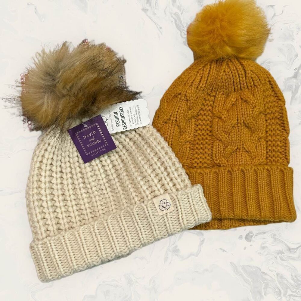 New Bundle of Two Youth/kids Knit Faux Fur Pompom Beanies : David and Young  and